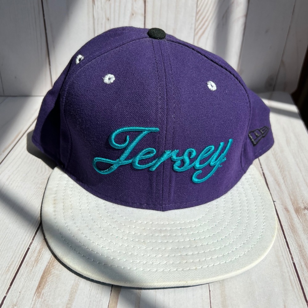 New Era 59FIFTY Jersey Script Fitted Hat   Purple Teal NJ New Jersey Cap 7 3/4